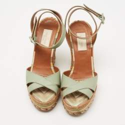 Pre Owned Valentino Pastel Green Leather 1973 Espadrille Wedge Ankle-Strap Sandals Size 35.5