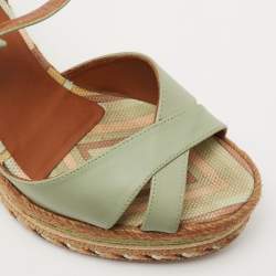 Pre Owned Valentino Pastel Green Leather 1973 Espadrille Wedge Ankle-Strap Sandals Size 35.5