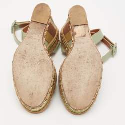Pre Owned Valentino Pastel Green Leather 1973 Espadrille Wedge Ankle-Strap Sandals Size 35.5