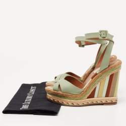 Pre Owned Valentino Pastel Green Leather 1973 Espadrille Wedge Ankle-Strap Sandals Size 35.5
