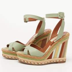Pre Owned Valentino Pastel Green Leather 1973 Espadrille Wedge Ankle-Strap Sandals Size 35.5