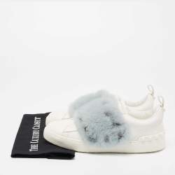 Pre Owned Valentino White/Blue Leather And Mink Fur Rockstud Low Top Sneakers Size 40