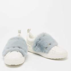 Pre Owned Valentino White/Blue Leather And Mink Fur Rockstud Low Top Sneakers Size 40