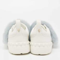 Pre Owned Valentino White/Blue Leather And Mink Fur Rockstud Low Top Sneakers Size 40