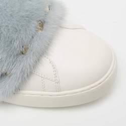 Pre Owned Valentino White/Blue Leather And Mink Fur Rockstud Low Top Sneakers Size 40