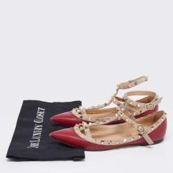 Pre Owned Valentino Burgundy/Pink Leather Rockstud Ankle-Strap Ballet Flats Size 37