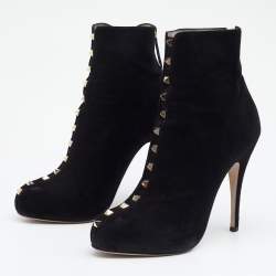 Pre Owned Valentino Black Suede Rockstud Ankle Length Boots Size 38