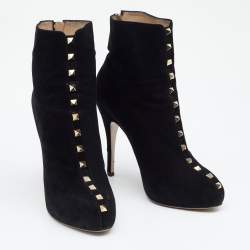 Pre Owned Valentino Black Suede Rockstud Ankle Length Boots Size 38