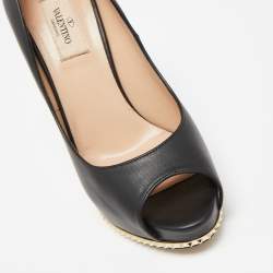Pre Owned Valentino Black Leather Studded Heel and Platform Peep-Toe Pumps Size 37.5