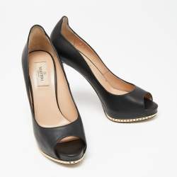 Pre Owned Valentino Black Leather Studded Heel and Platform Peep-Toe Pumps Size 37.5
