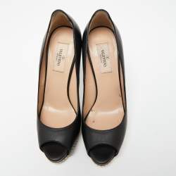 Pre Owned Valentino Black Leather Studded Heel and Platform Peep-Toe Pumps Size 37.5