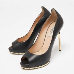 Pre Owned Valentino Black Leather Studded Heel and Platform Peep-Toe Pumps Size 37.5