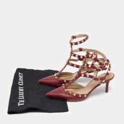 Pre Owned Valentino Red Leather Rockstud Ankle Strap Pumps Size 36.5