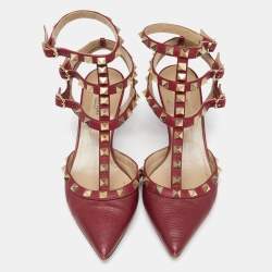 Pre Owned Valentino Red Leather Rockstud Ankle Strap Pumps Size 36.5