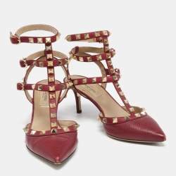 Pre Owned Valentino Red Leather Rockstud Ankle Strap Pumps Size 36.5