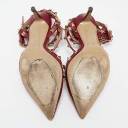 Pre Owned Valentino Red Leather Rockstud Ankle Strap Pumps Size 36.5