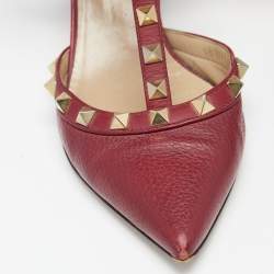 Pre Owned Valentino Red Leather Rockstud Ankle Strap Pumps Size 36.5
