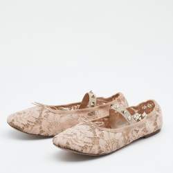 Pre Owned Valentino Beige Lace Rockstud Ballet Flats Size 40.5