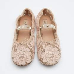 Pre Owned Valentino Beige Lace Rockstud Ballet Flats Size 40.5