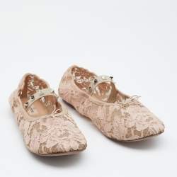 Pre Owned Valentino Beige Lace Rockstud Ballet Flats Size 40.5