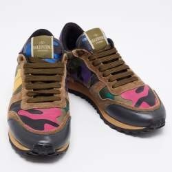 Pre Owned Valentino Multicolor Suede, Camo Print Leather and Canvas Rockrunner Sneakers Size 38
