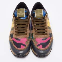 Pre Owned Valentino Multicolor Suede, Camo Print Leather and Canvas Rockrunner Sneakers Size 38