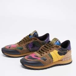 Pre Owned Valentino Multicolor Suede, Camo Print Leather and Canvas Rockrunner Sneakers Size 38