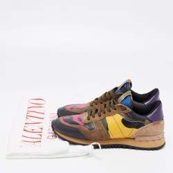 Pre Owned Valentino Multicolor Suede, Camo Print Leather and Canvas Rockrunner Sneakers Size 38