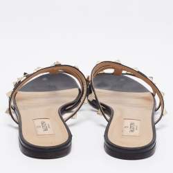 مملوكة مسبقًا حذاء سلايد فالنتينو فلات جلد أسود مرصع روكستد مقاس 38 