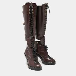 مملوكة مسبقًا Valentino Burgundy Leather Soul Rockstud Combat Knee Length Boots Size 37