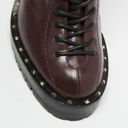 مملوكة مسبقًا Valentino Burgundy Leather Soul Rockstud Combat Knee Length Boots Size 37