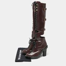 مملوكة مسبقًا Valentino Burgundy Leather Soul Rockstud Combat Knee Length Boots Size 37