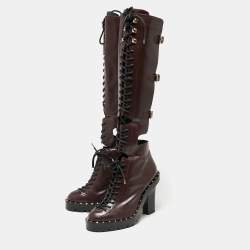 مملوكة مسبقًا Valentino Burgundy Leather Soul Rockstud Combat Knee Length Boots Size 37