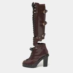 مملوكة مسبقًا Valentino Burgundy Leather Soul Rockstud Combat Knee Length Boots Size 37