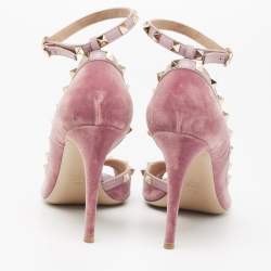 Pre Owned Valentino Two-Tone Velvet and Leather Rockstud Open-Toe Ankle-Strap Pumps Size 39.5