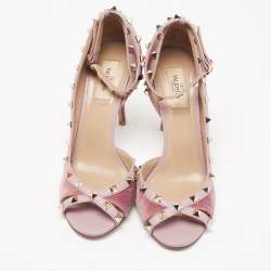Pre Owned Valentino Two-Tone Velvet and Leather Rockstud Open-Toe Ankle-Strap Pumps Size 39.5