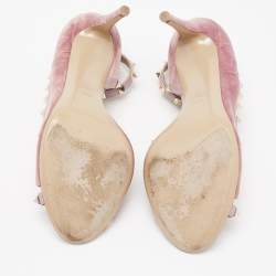 Pre Owned Valentino Two-Tone Velvet and Leather Rockstud Open-Toe Ankle-Strap Pumps Size 39.5