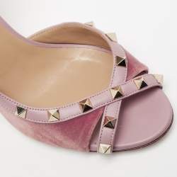 Pre Owned Valentino Two-Tone Velvet and Leather Rockstud Open-Toe Ankle-Strap Pumps Size 39.5