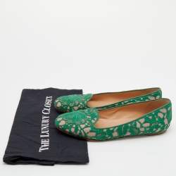 Pre Owned Valentino Green/Beige Lace And Leather Smoking Slippers Size 38.5