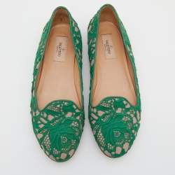 Pre Owned Valentino Green/Beige Lace And Leather Smoking Slippers Size 38.5