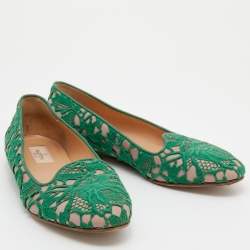Pre Owned Valentino Green/Beige Lace And Leather Smoking Slippers Size 38.5