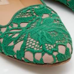 Pre Owned Valentino Green/Beige Lace And Leather Smoking Slippers Size 38.5