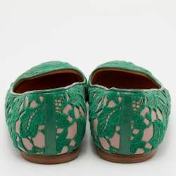 Pre Owned Valentino Green/Beige Lace And Leather Smoking Slippers Size 38.5