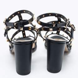 Pre Owned Valentino Black Leather Rockstud Ankle Strap Sandals 38