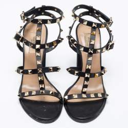 Pre Owned Valentino Black Leather Rockstud Ankle Strap Sandals 38