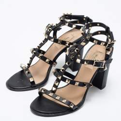 Pre Owned Valentino Black Leather Rockstud Ankle Strap Sandals 38