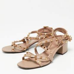 مملوكة مسبقًا Valentino Dusty Pink Leather Rockstud Ankle-Strap Block Heel Sandals Size 38