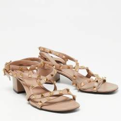 مملوكة مسبقًا Valentino Dusty Pink Leather Rockstud Ankle-Strap Block Heel Sandals Size 38