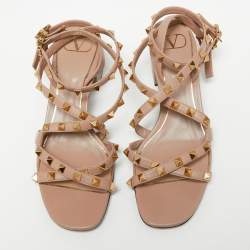 مملوكة مسبقًا Valentino Dusty Pink Leather Rockstud Ankle-Strap Block Heel Sandals Size 38