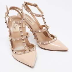 Valentino Beige Patent And Leather Rockstud  Caged Ankle Strap Sandals Size 38.5 